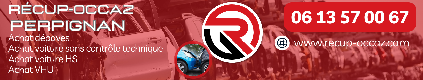 Bannière de Recup-Occaz pour PERPIGNAN avec logo, nom et téléphone 0613570067